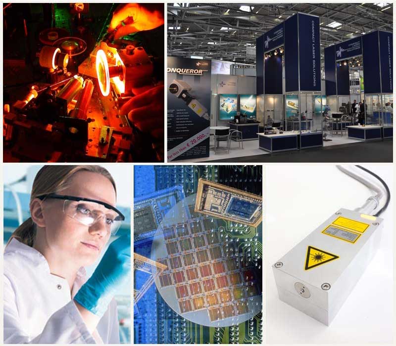 Mehrteilige Collage mit Laserbearbeitung, Messestand, einer Technikerin mit Schutzbrille, Mikrochips und einem Lasergehäuse mit Warnsymbol.